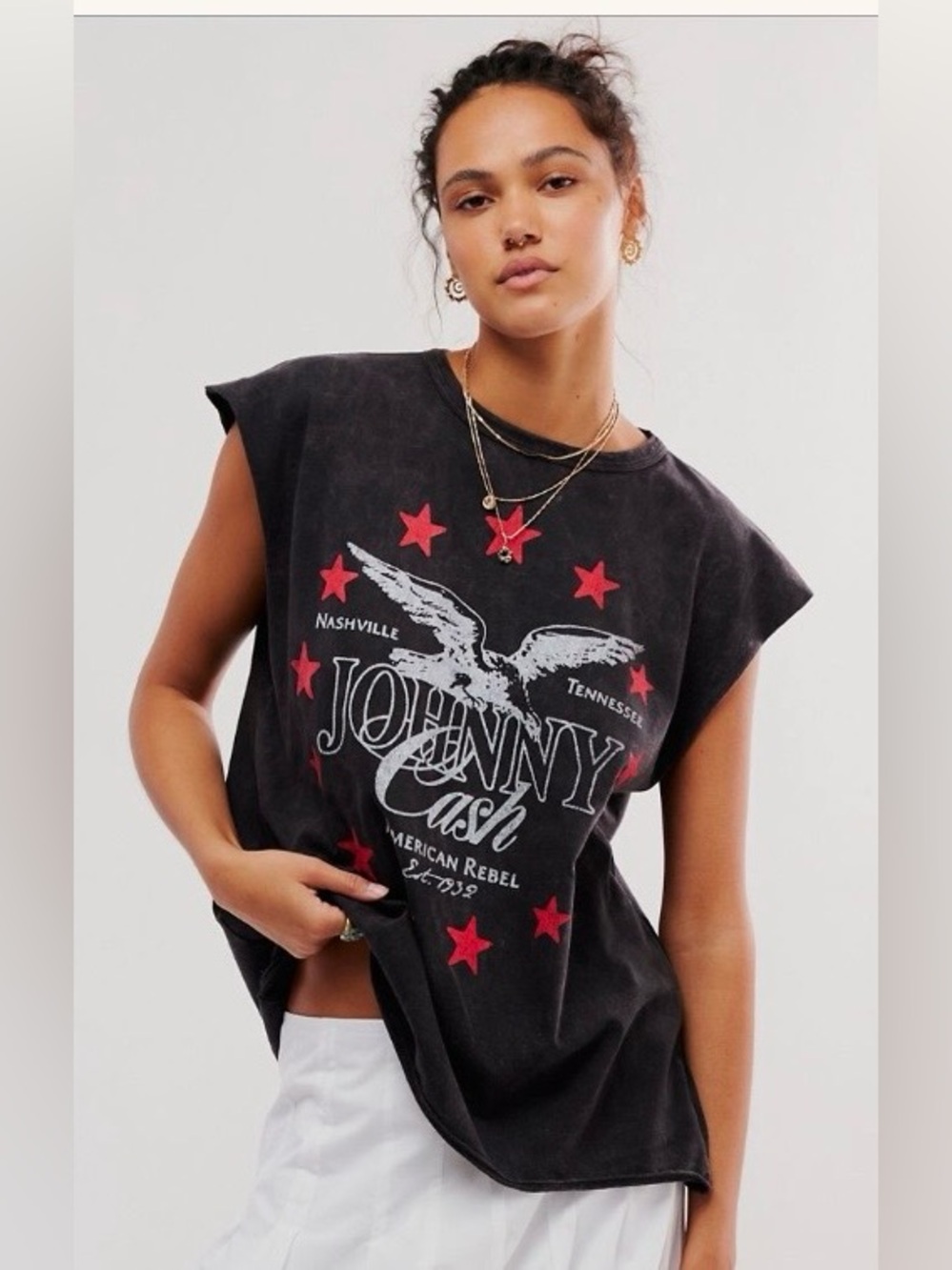 Daydreamer Navy Johnny Cash Graphic Tank with Red Stars